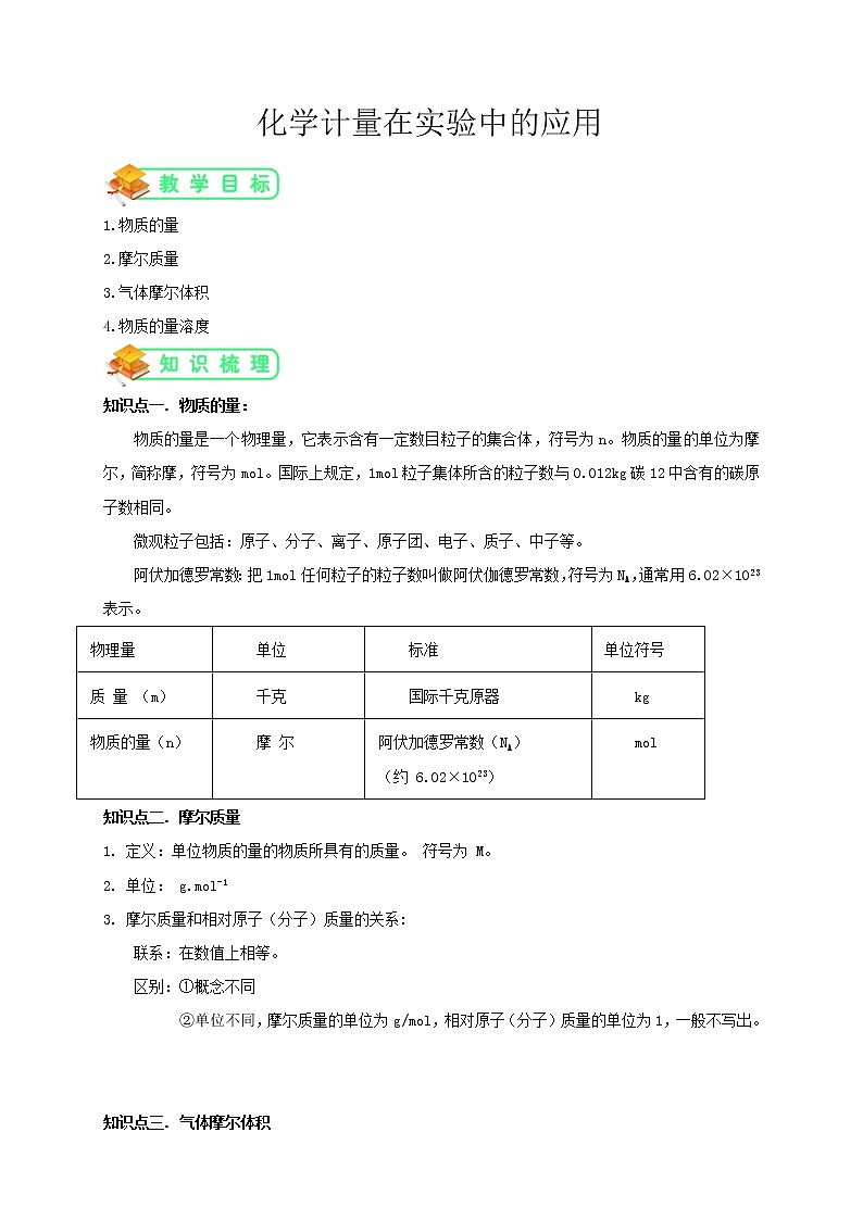人教版高中化学必修一第2讲： 化学计量在实验中的应用学案01