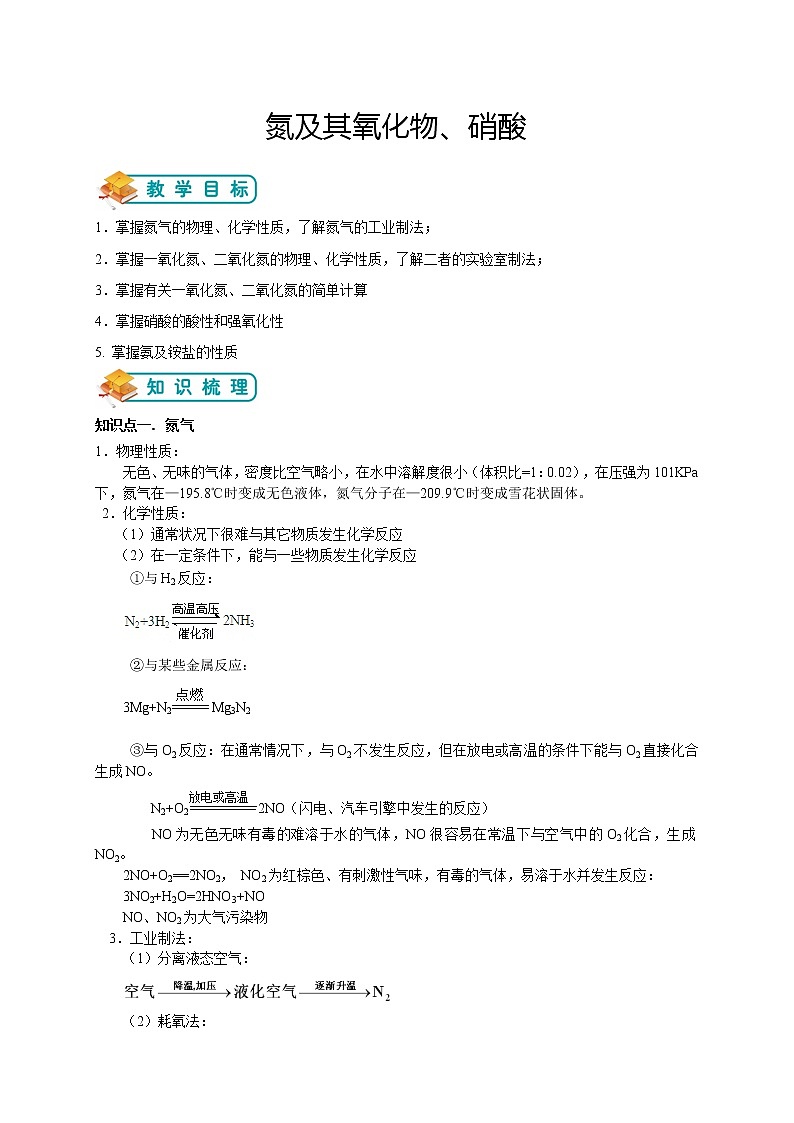 人教版高中化学必修一第12讲：氮及其氧化物、硝酸（教师版）学案01