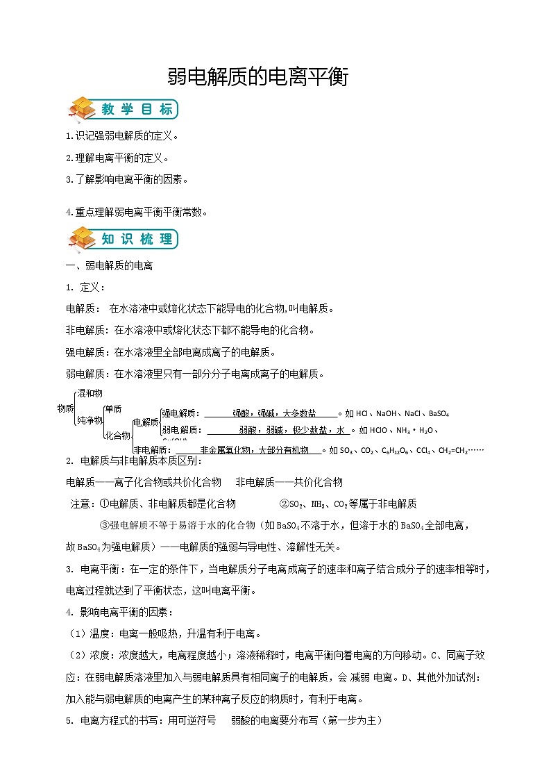 人教版高中化学选修4第8讲：弱电解质的电离平衡学案第1页