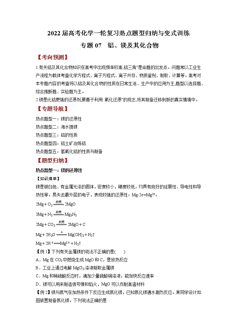 专题07 铝、镁及其化合物（热点讲义）-2022年高三毕业班化学常考点归纳与变式演练01