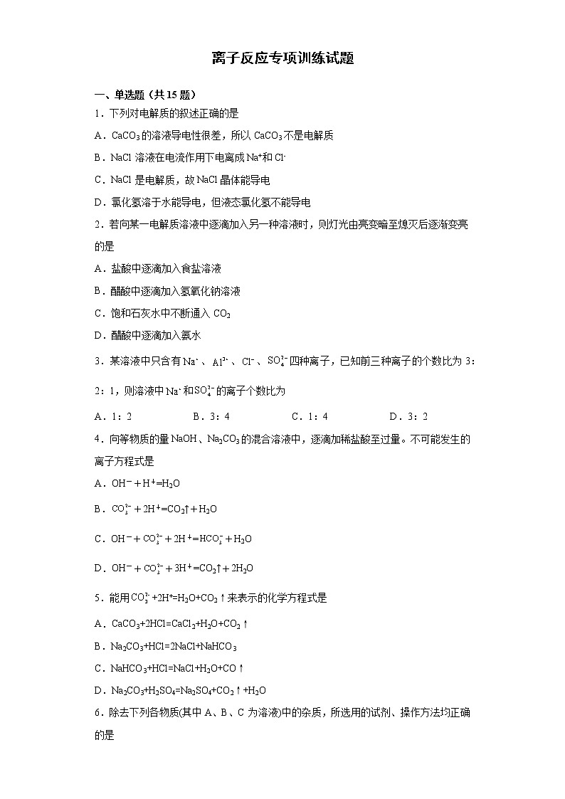 2021年湖北襄阳高一上学期化学《离子反应专项训练》（2019人教版必修一第一章物质及其变化第二节离子反应）教案第1页
