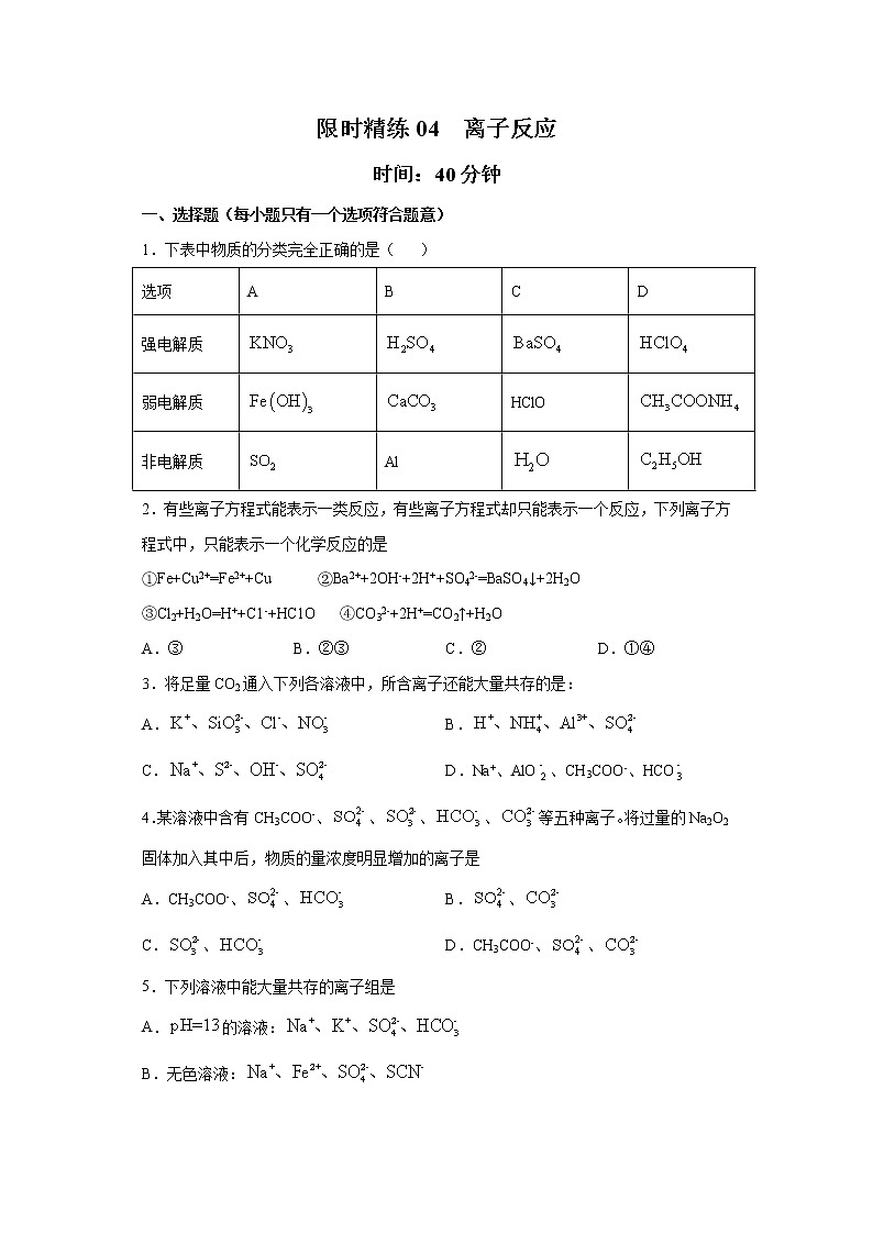 专题04 离子反应（限时精练）-2022届高考化学一轮复习热点题型归纳与变式训练（原卷版）第1页