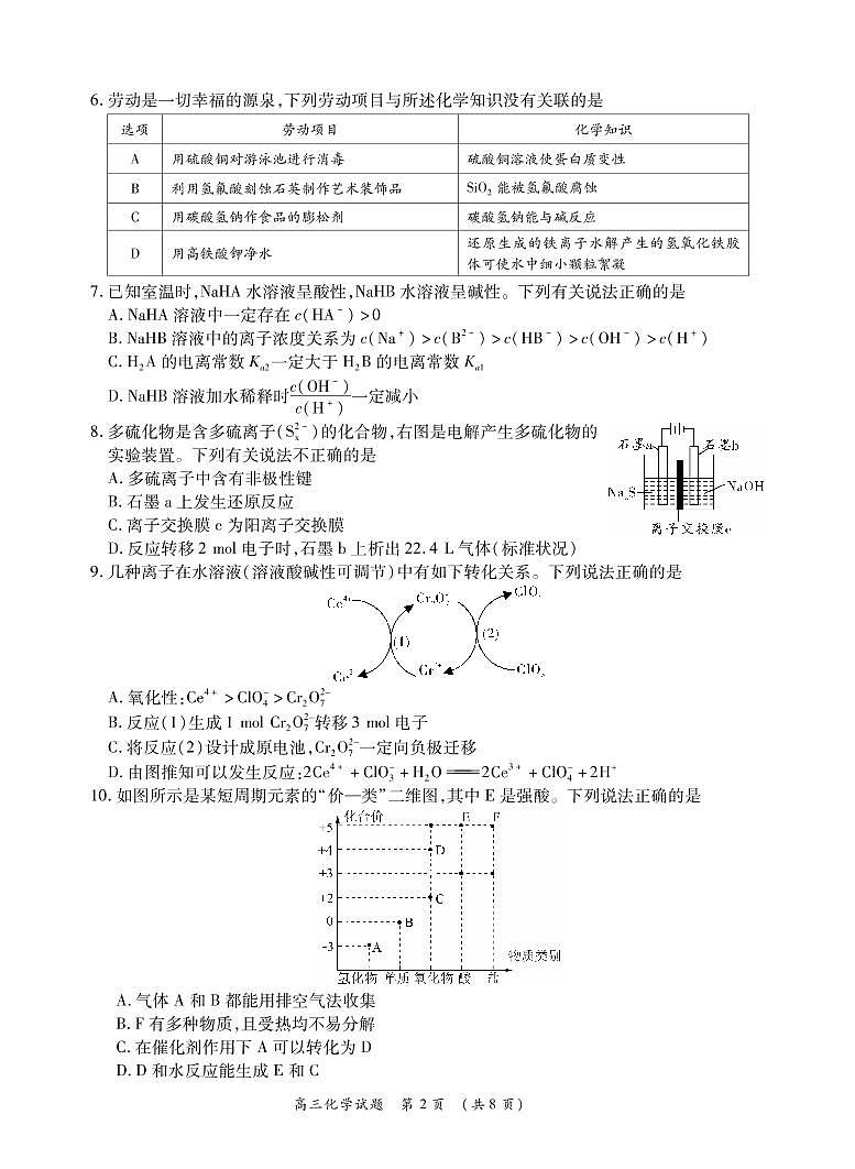安徽省六安市第一中学等校2022届高三上学期12月联考化学试题PDF版无答案02