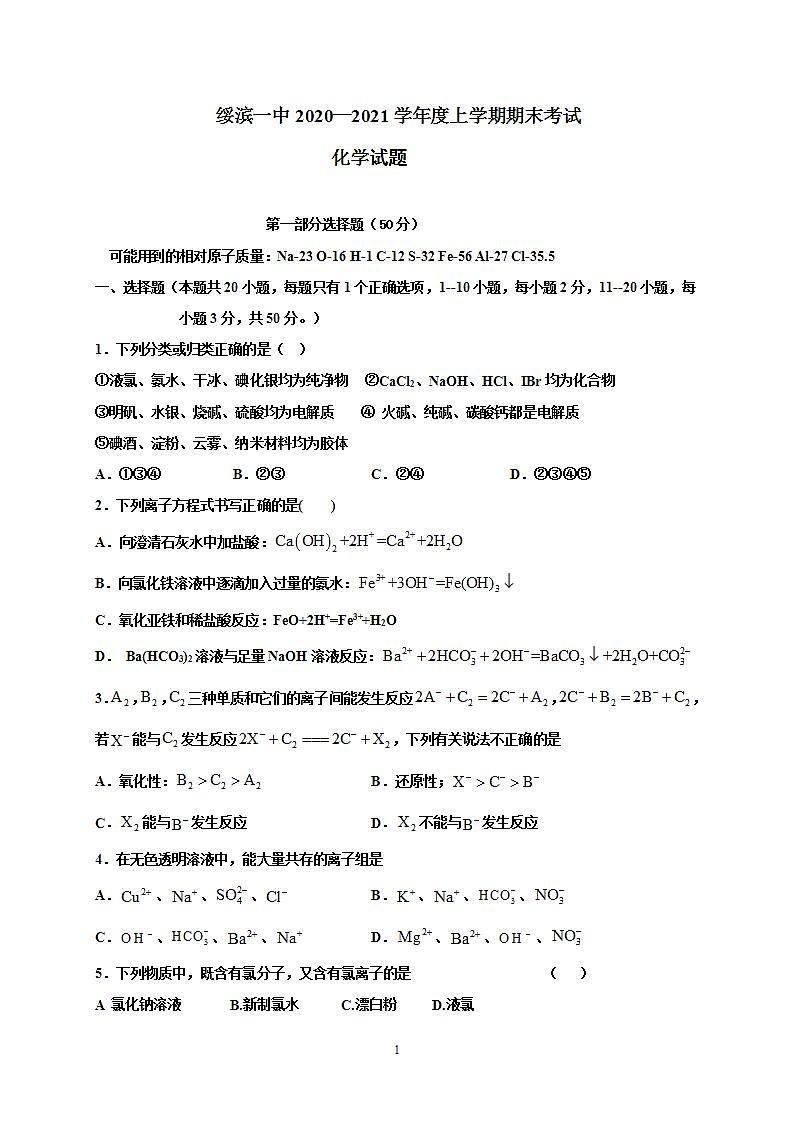 黑龙江省鹤岗市绥滨县第一中学2020-2021学年高一上学期期末考试化学（理）试题第1页