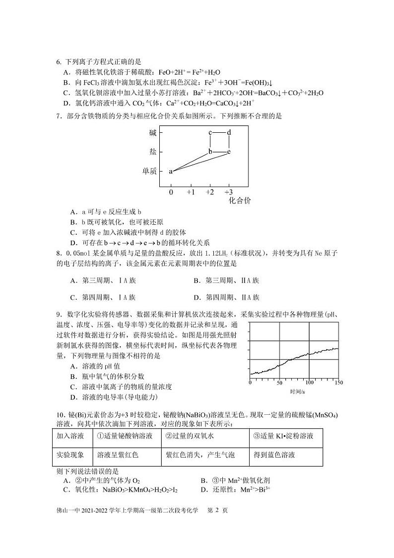 广东省佛山市第一中学2021-2022学年高一上学期第二次段考试题化学含答案02