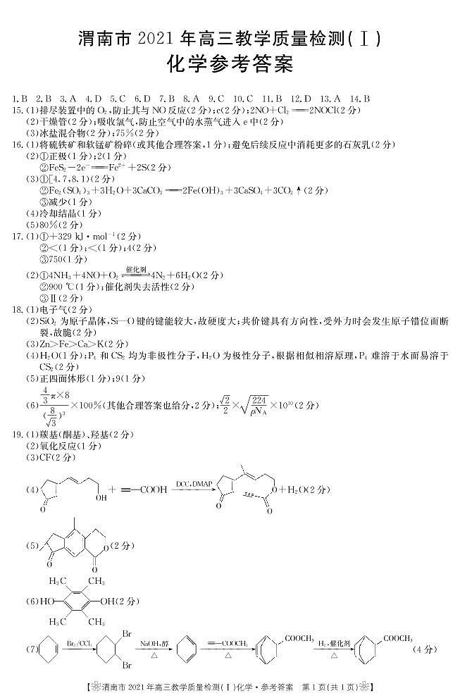 陕西省渭南市2021届高三上学期教学质量检测（Ⅰ）（一模）化学试题 扫描版含答案01