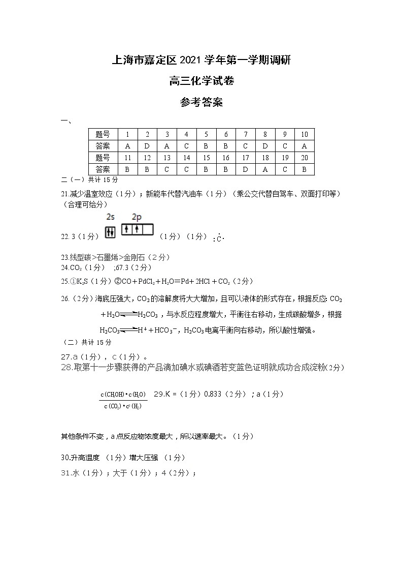 上海市嘉定区2022届高三上学期第一次质量调研（一模）化学含答案 试卷01