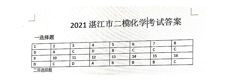 2021湛江二模化学试卷答案第1页