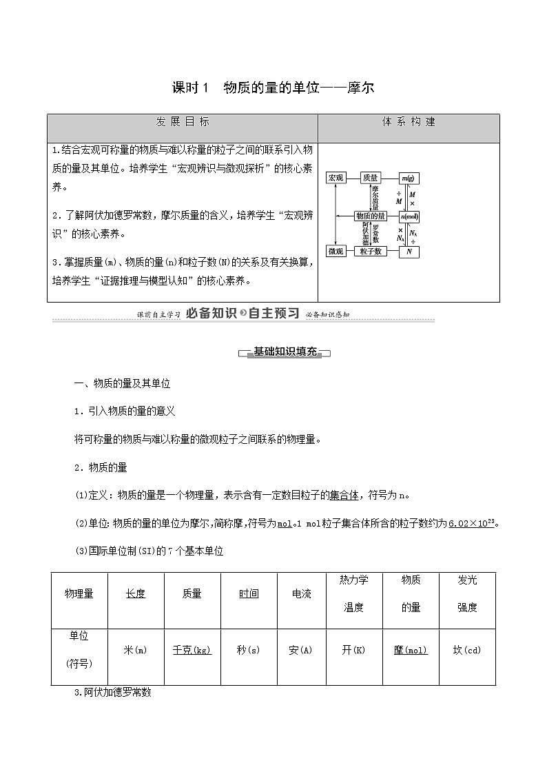 人教版必修一 第2章 海水中的重要元素__钠和氯 第3节 课时1物质的量的单位__摩尔学案01