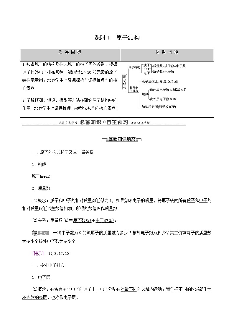 人教版必修一 第4章 物质结构元素周期律 第1节 课时1原子结构学案01