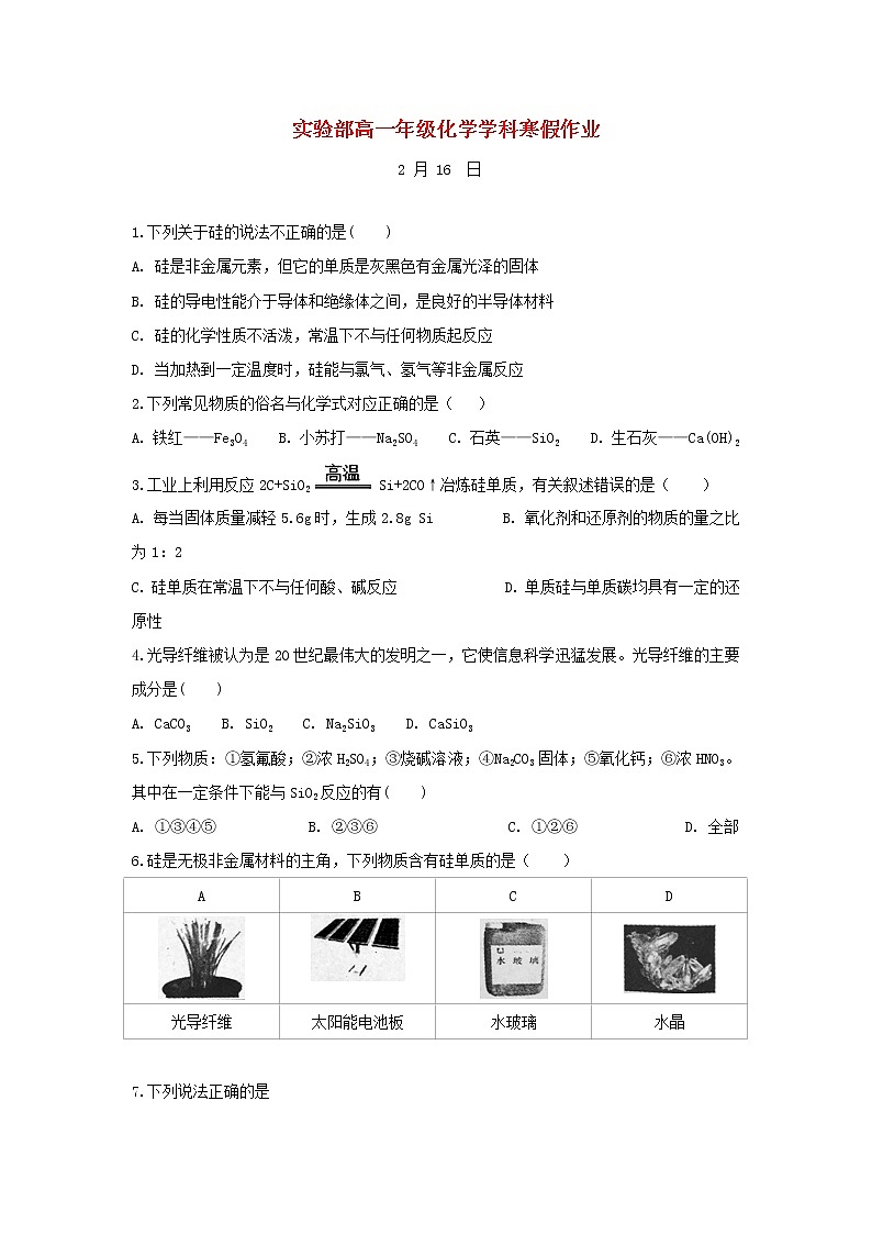 中学高一化学寒假作业15含答案 练习01