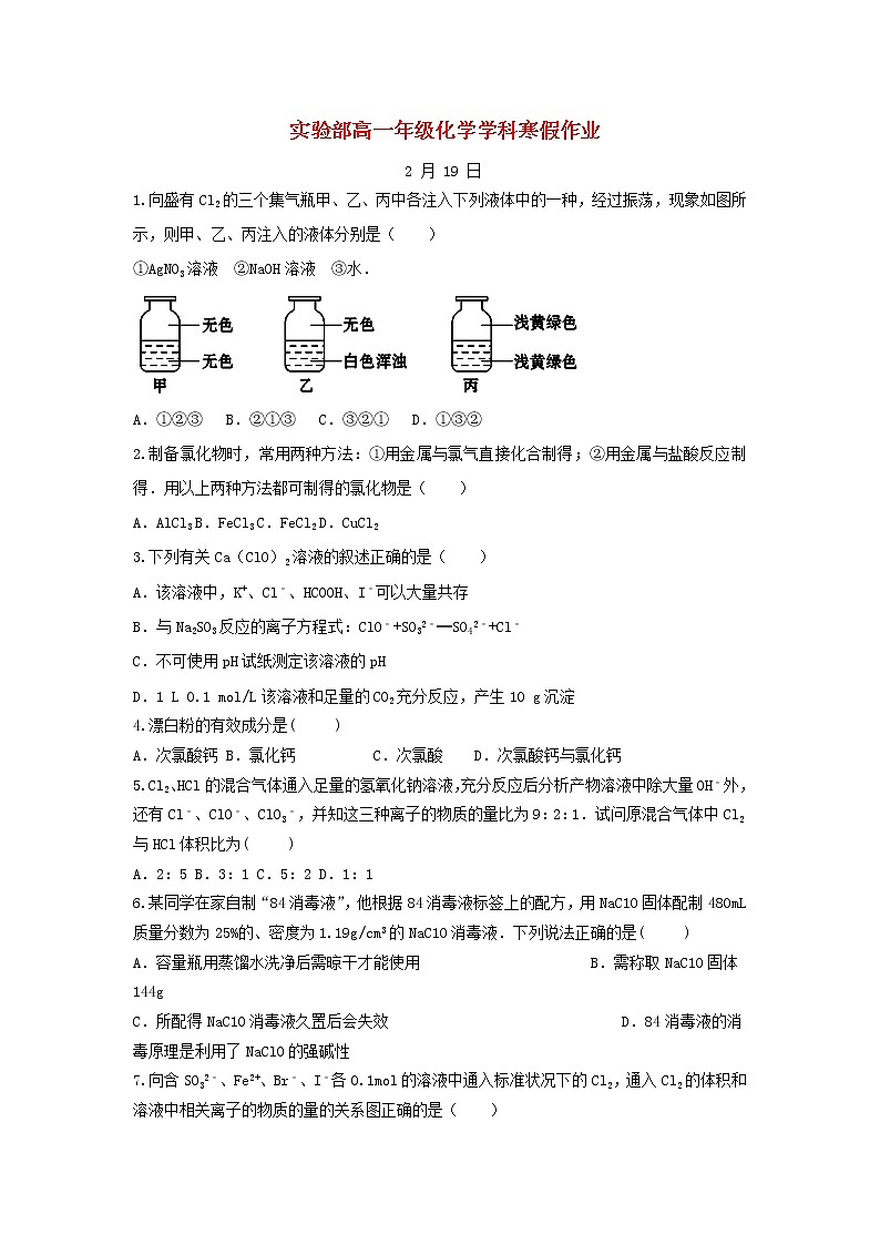 中学高一化学寒假作业18含答案 练习01