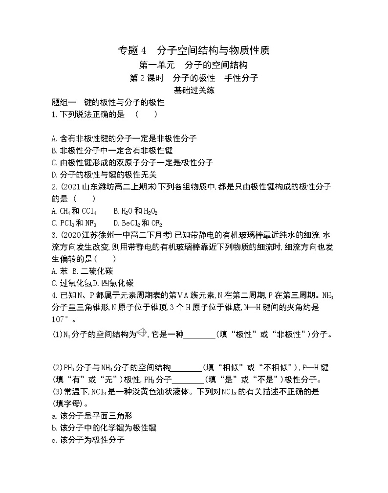 第2课时　分子的极性　手性分子-2022版化学选择性必修2 苏教版（2019） 同步练习 （Word含解析）01