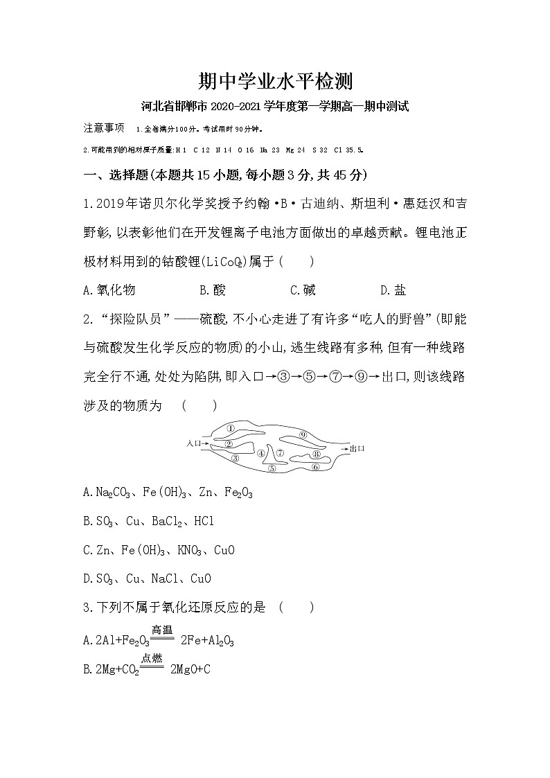 期中学业水平检测-2022版化学必修第一册 苏教版（2019） 同步练习 （Word含解析）第1页