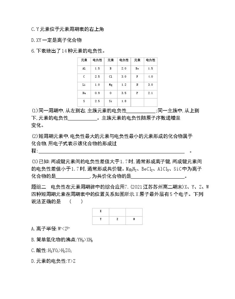 第3节  第2课时　电负性的变化规律及其在元素周期律中的综合应用-2022版化学选择性必修2 鲁教版（2019） 同步练习 （Word含解析）第2页