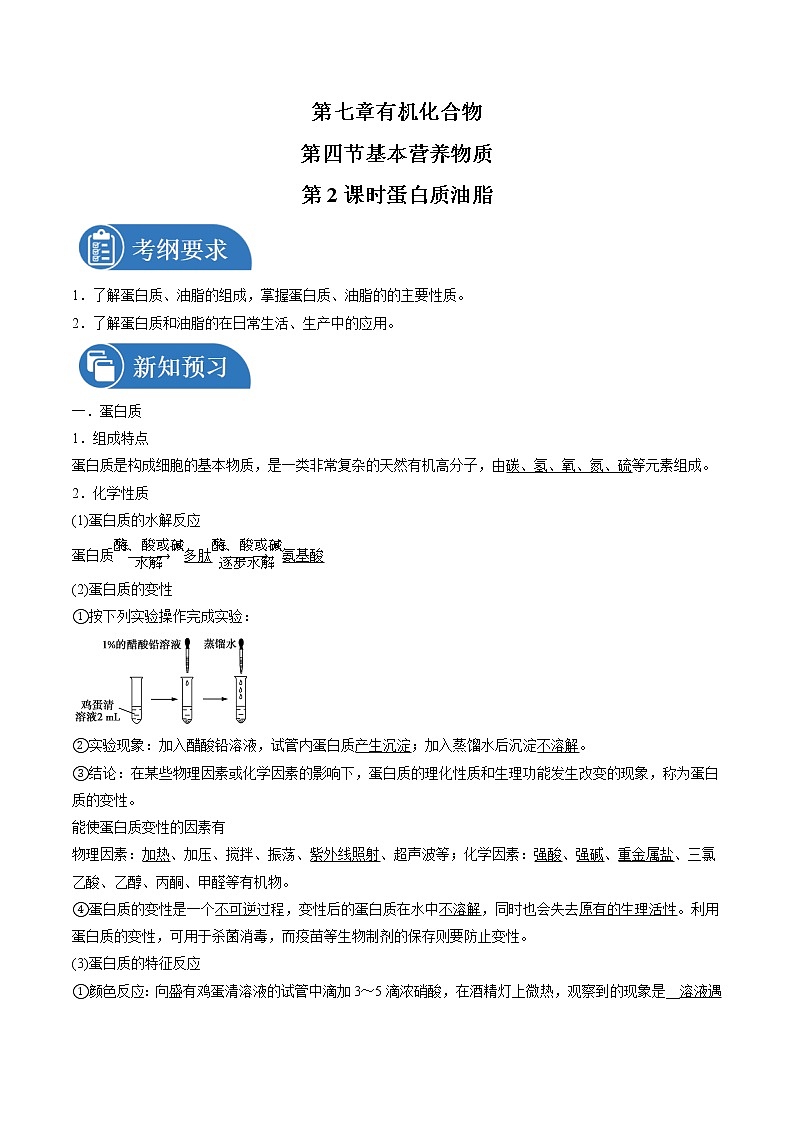 7.4.2 油脂 蛋白质    导学案   高中化学新人教版必修第二册（2022年）第1页