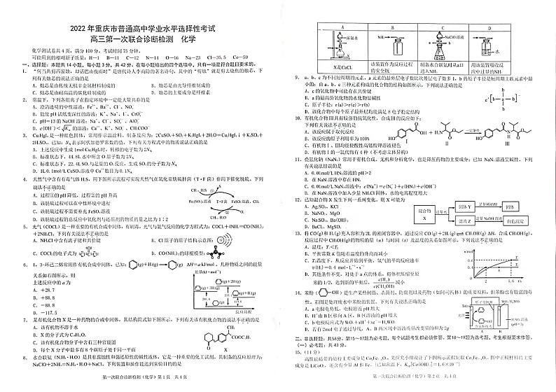 2022届重庆市高三第一次联合诊断测试化学试题第1页