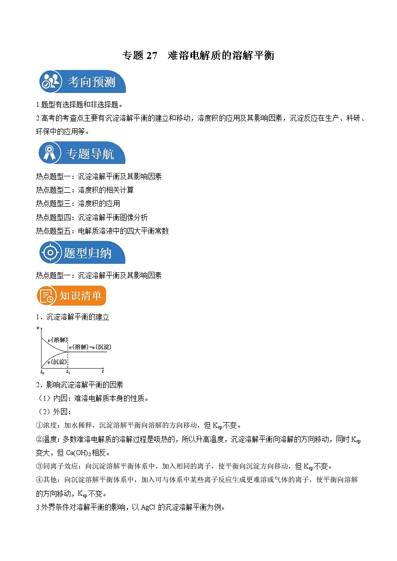 专题27  难溶电解质的溶解平衡  常考点归纳与变式演练 学案  高中化学 二轮复习 人教版（2022年）01