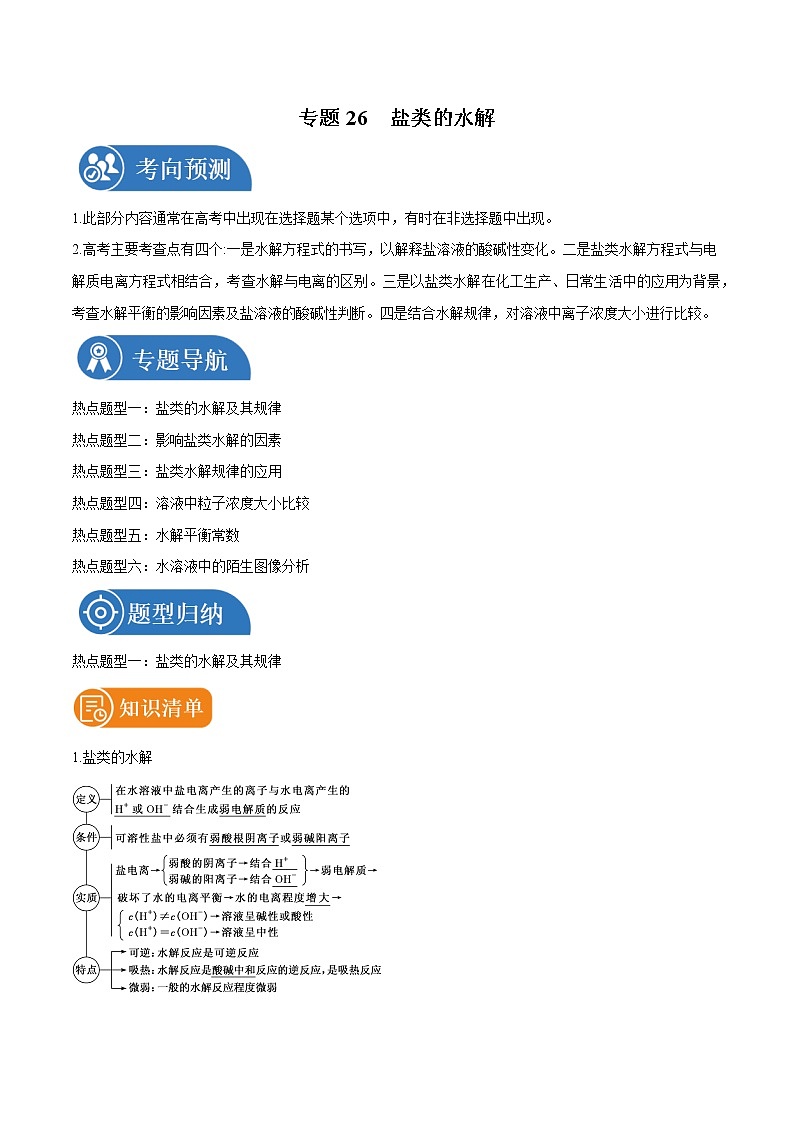 专题26  盐类的水解  常考点归纳与变式演练 学案  高中化学 二轮复习 人教版（2022年）01