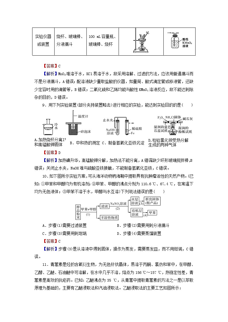 2022版高考化学一轮复习第11章化学实验基础第2节物质的分离提纯和检训练含解析第3页