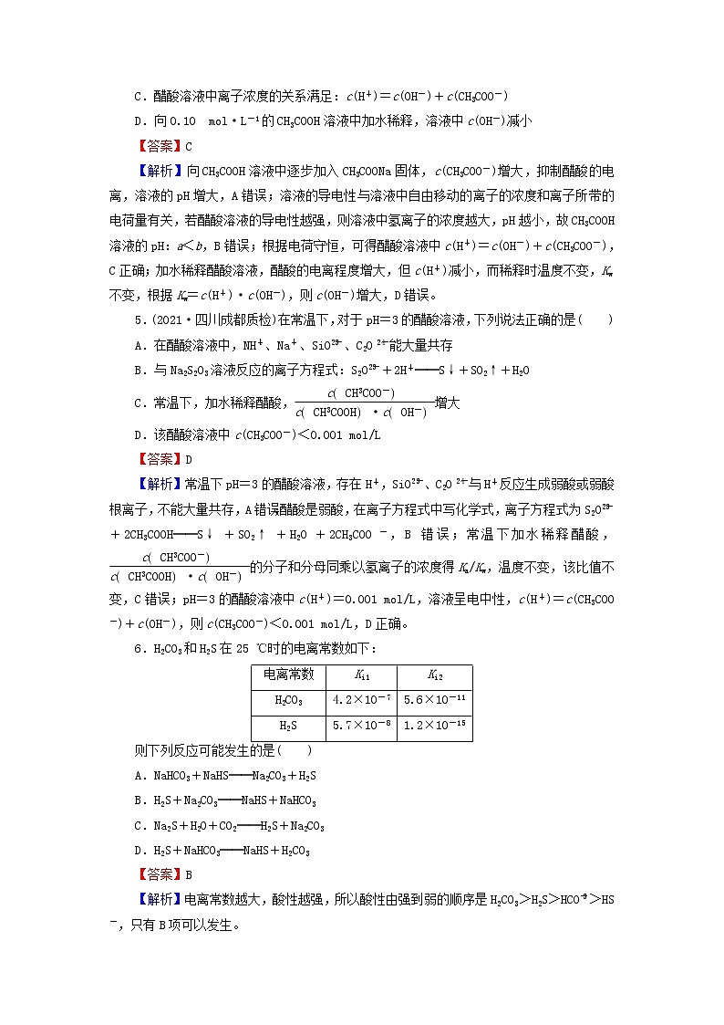 2022版高考化学一轮复习第8章水溶液中的离子平衡第1节弱电解质的电离平衡训练含解析第2页
