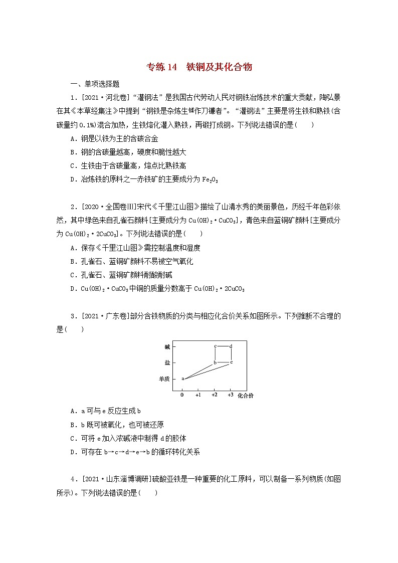 2022高考化学一轮复习专练14铁铜及其化合物含解析01