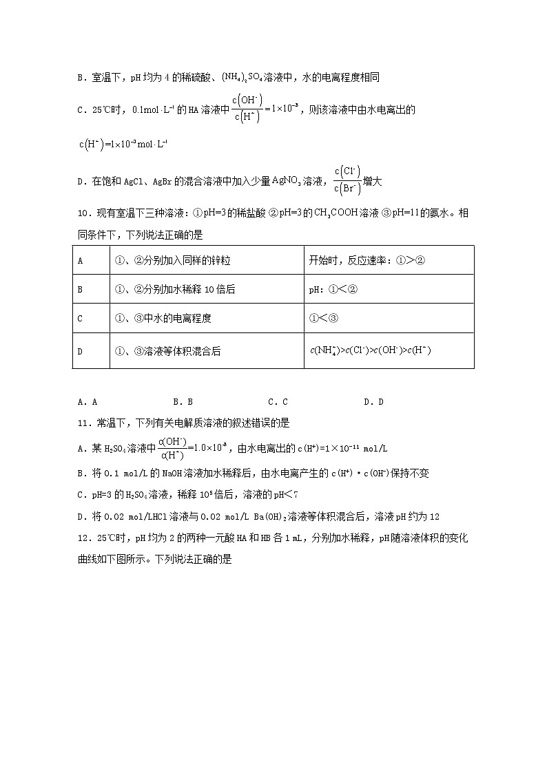 2022届高三化学一轮复习化学反应原理题型必练21水的电离及离子积常数基础含解析03