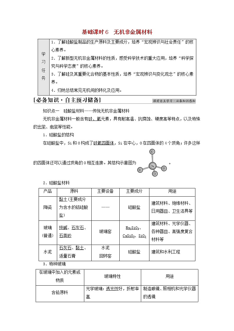 2021_2022学年新教材高中化学第5章化工生产中的重要非金属元素第3节基础课时6无机非金属材料学案新人教版必修第二册第1页