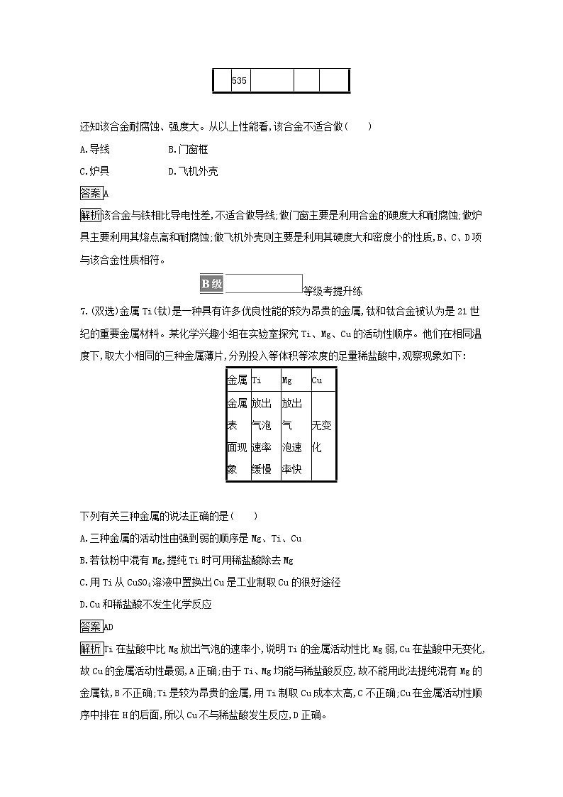 2021_2022学年新教材高中化学第三章铁金属材料第二节第1课时合金材料测评含解析新人教版必修1第3页