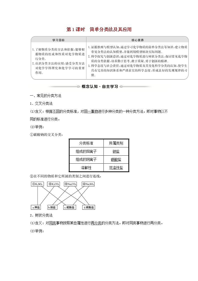 高中化学第二章化学物质及其变化第一节第1课时简单分类法及其应用学案新人教版必修101