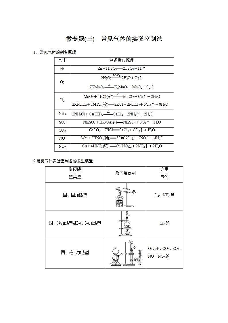 高中化学苏教版（2019）必修二 专题7　氮与社会可持续发展 微专题(三) 常见气体的实验室制法 学案01