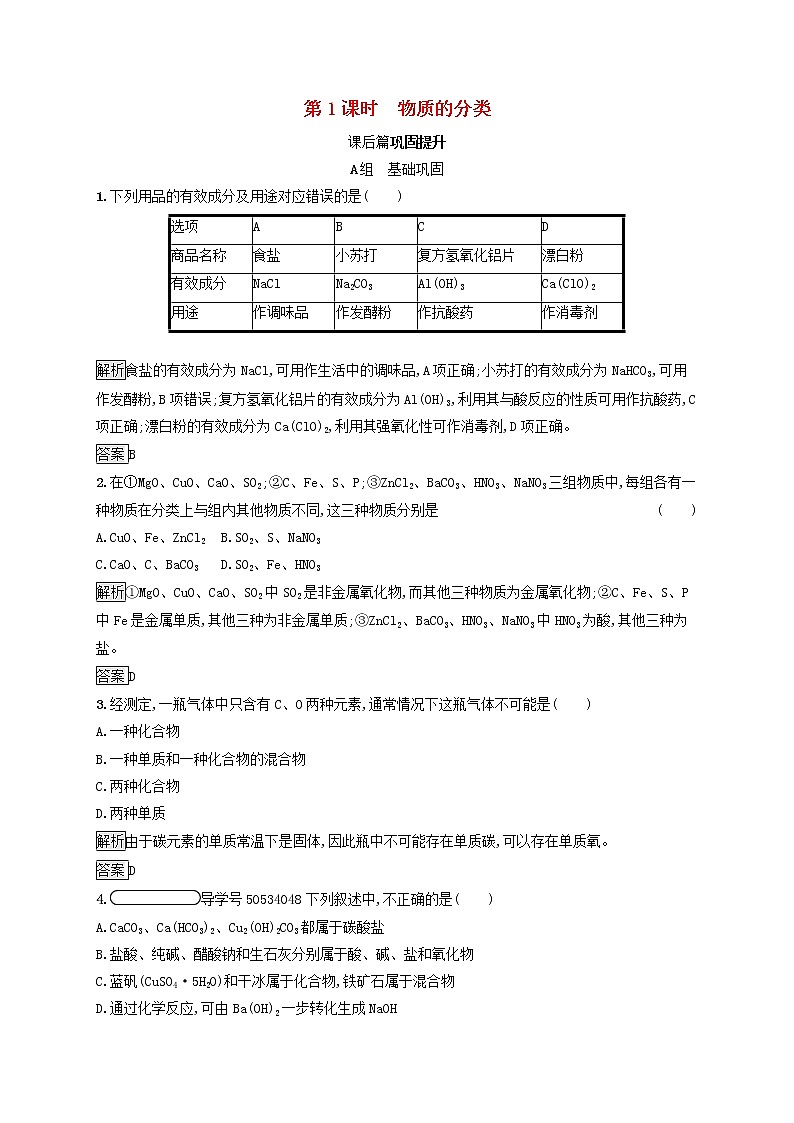 高中化学第2章元素与物质世界第1节第1课时物质的分类课后练习含解析鲁科版必修1第1页