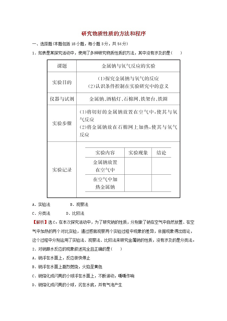 2021_2022学年新教材高中化学阶段综合提升练研究物质性质的方法和程序含解析鲁科版必修101