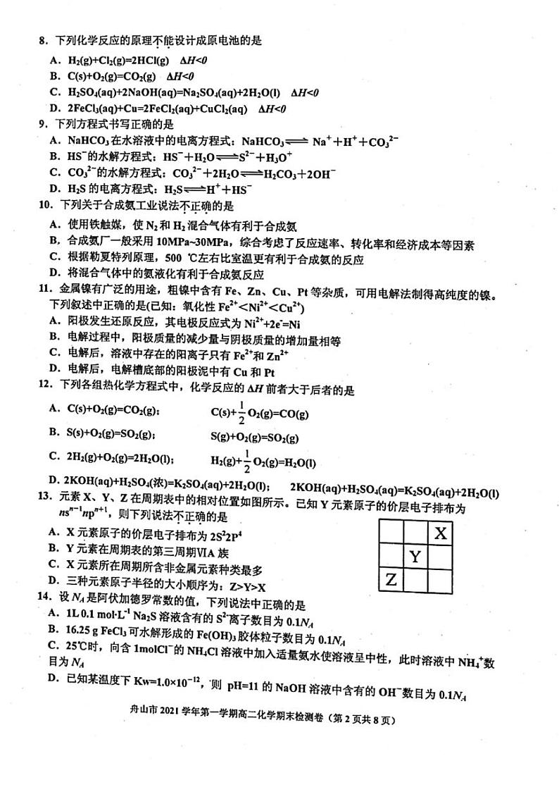 2021-2022学年浙江省舟山市高二上学期期末检测化学试题  PDF版第2页