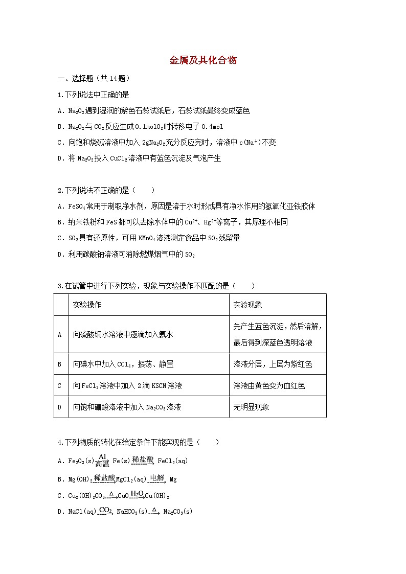 2022届高三化学一轮复习考点特训金属及其化合物1含解析第1页