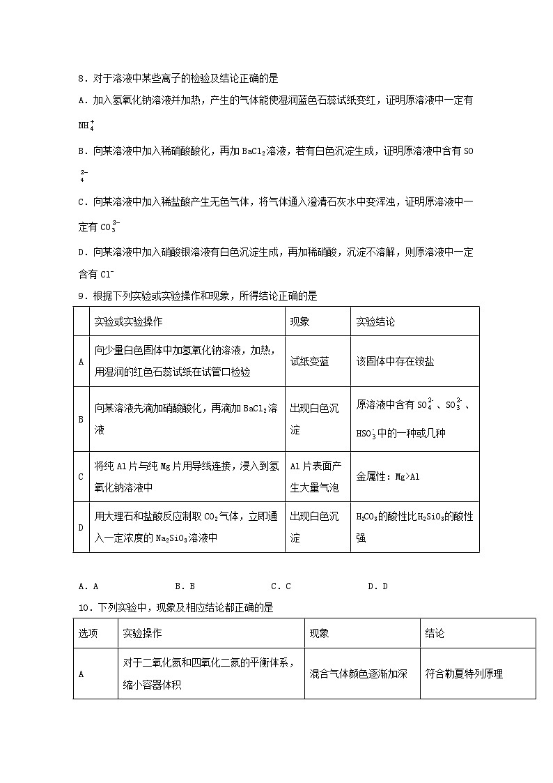 2022届高三化学一轮复习实验专题强化练15离子的检验基础题含解析第3页