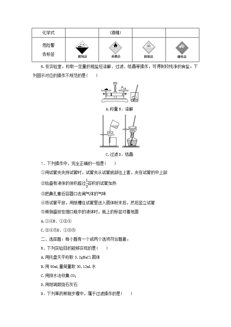 高中化学课时作业6化学实验安全过滤与结晶含解析苏教版必修1 练习02