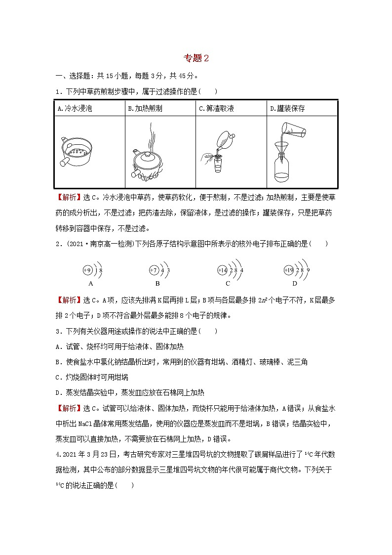 高中化学专题2研究物质的基本方法专题素养测评含解析苏教版必修1第1页