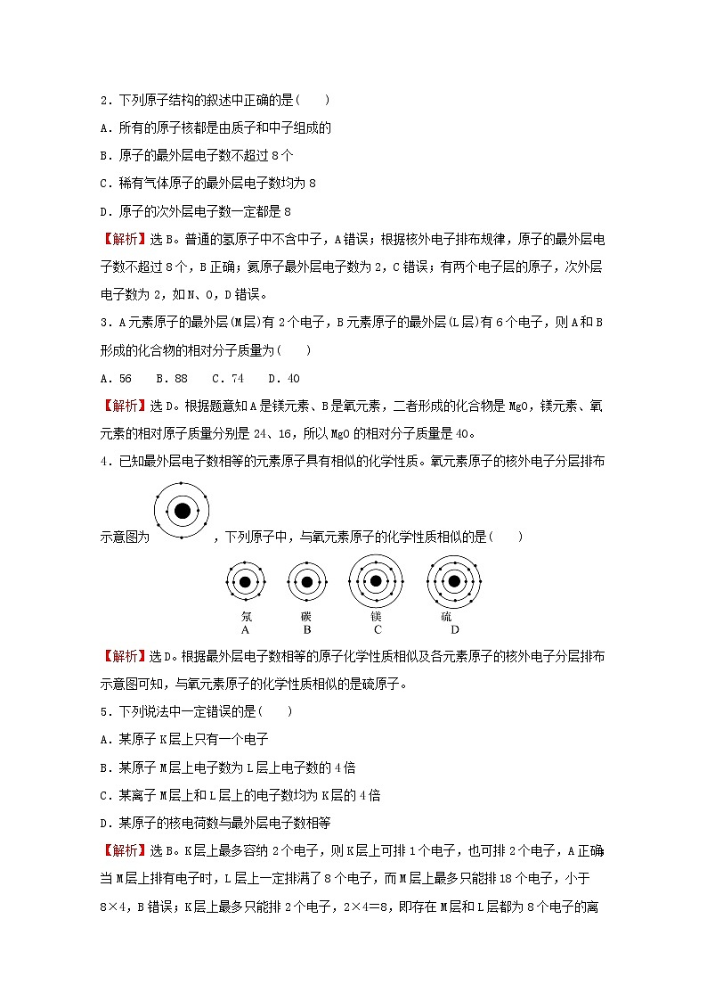 高中化学专题2研究物质的基本方法第三单元第2课时原子核外电子排布练习含解析苏教版必修102