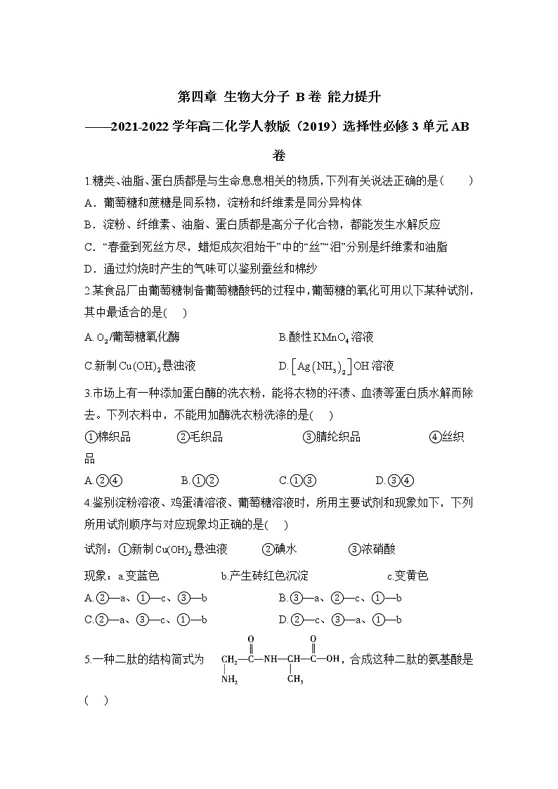 第四章 生物大分子 B卷 能力提升——2021-2022学年高二化学人教版（2019）选择性必修3单元AB卷01