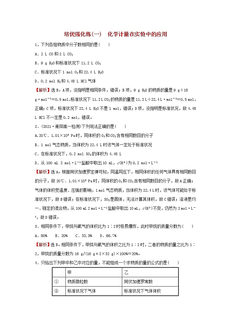 2021_2022学年高中化学培优强化练一化学计量在实验中的应用含解析新人教版必修101