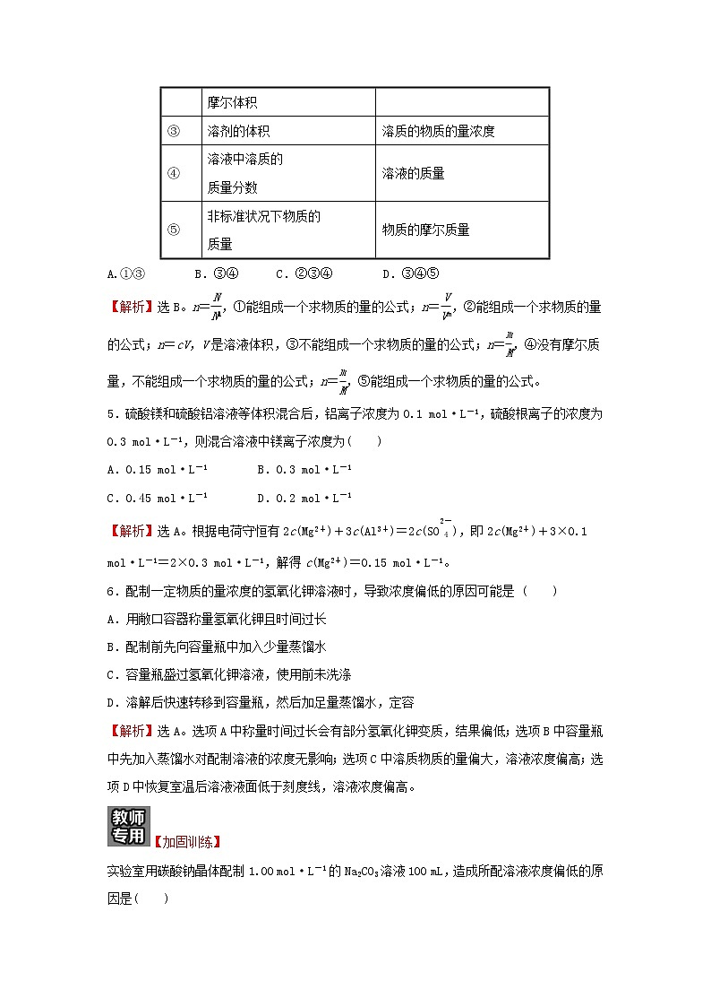 2021_2022学年高中化学培优强化练一化学计量在实验中的应用含解析新人教版必修102