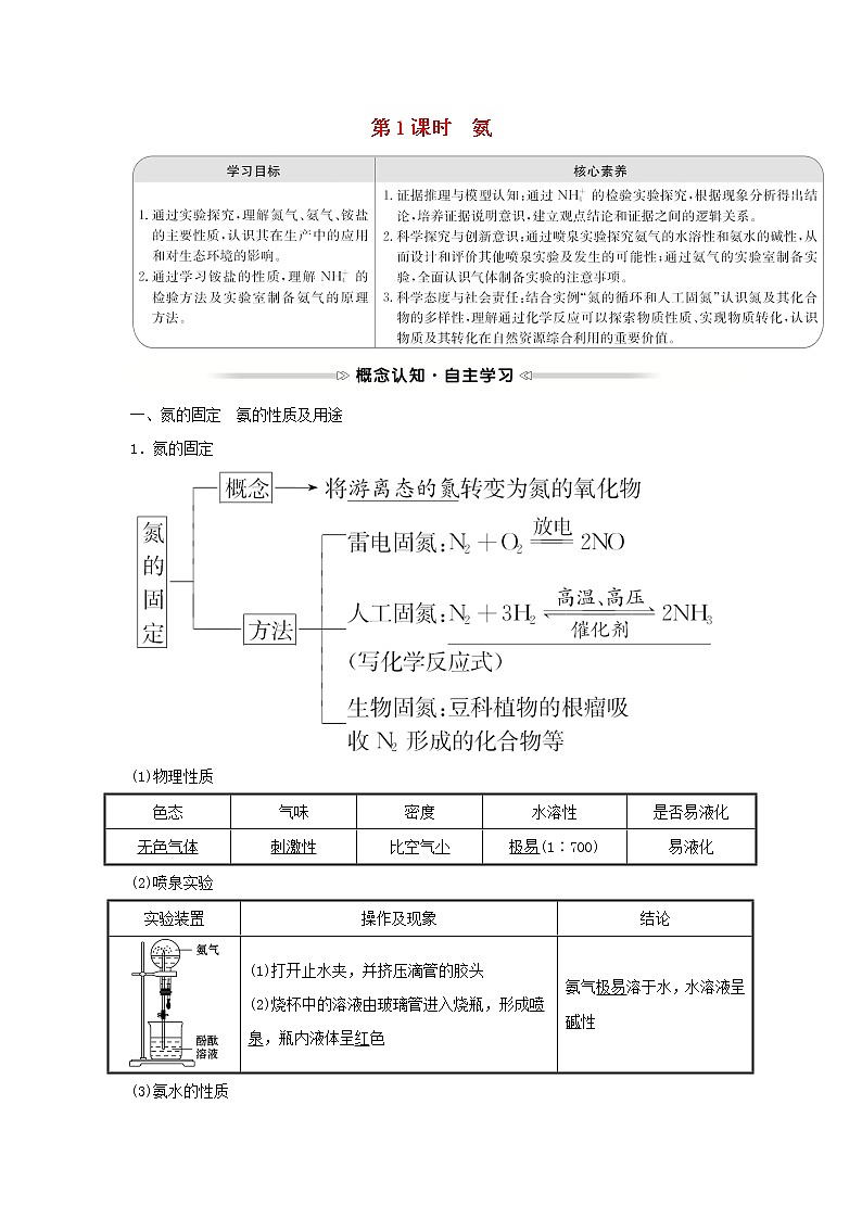 2021_2022学年高中化学第四章非金属及其化合物第四节第1课时氨学案新人教版必修101