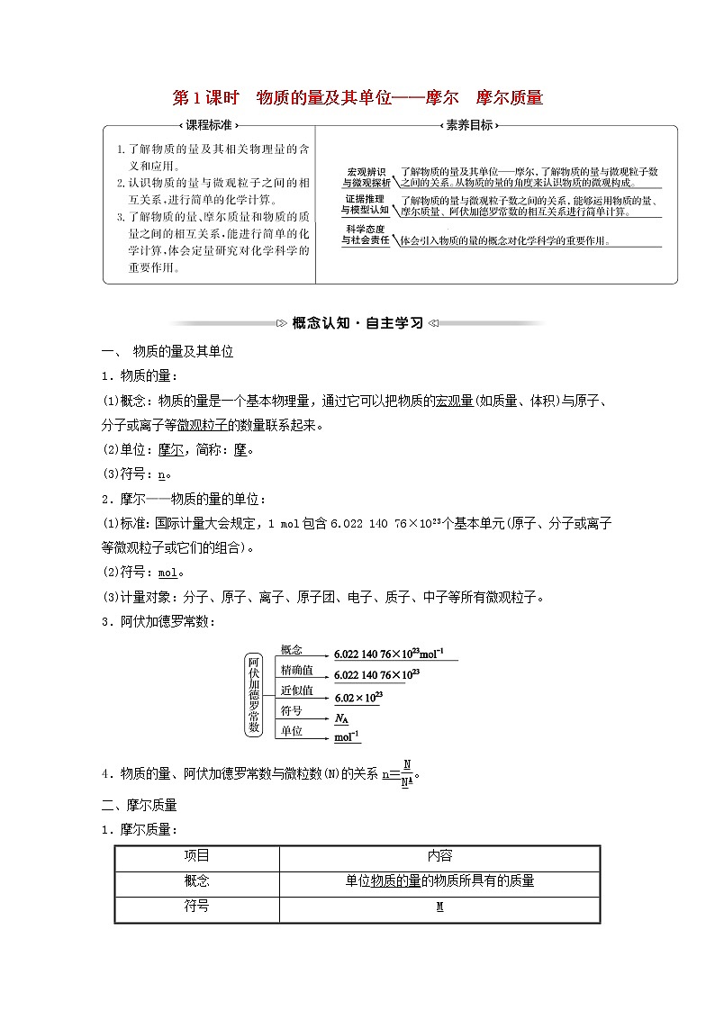 福建专用2021_2022学年高中化学第1章认识化学科学第3节第1课时物质的量及其单位__摩尔摩尔质量学案鲁科版必修101