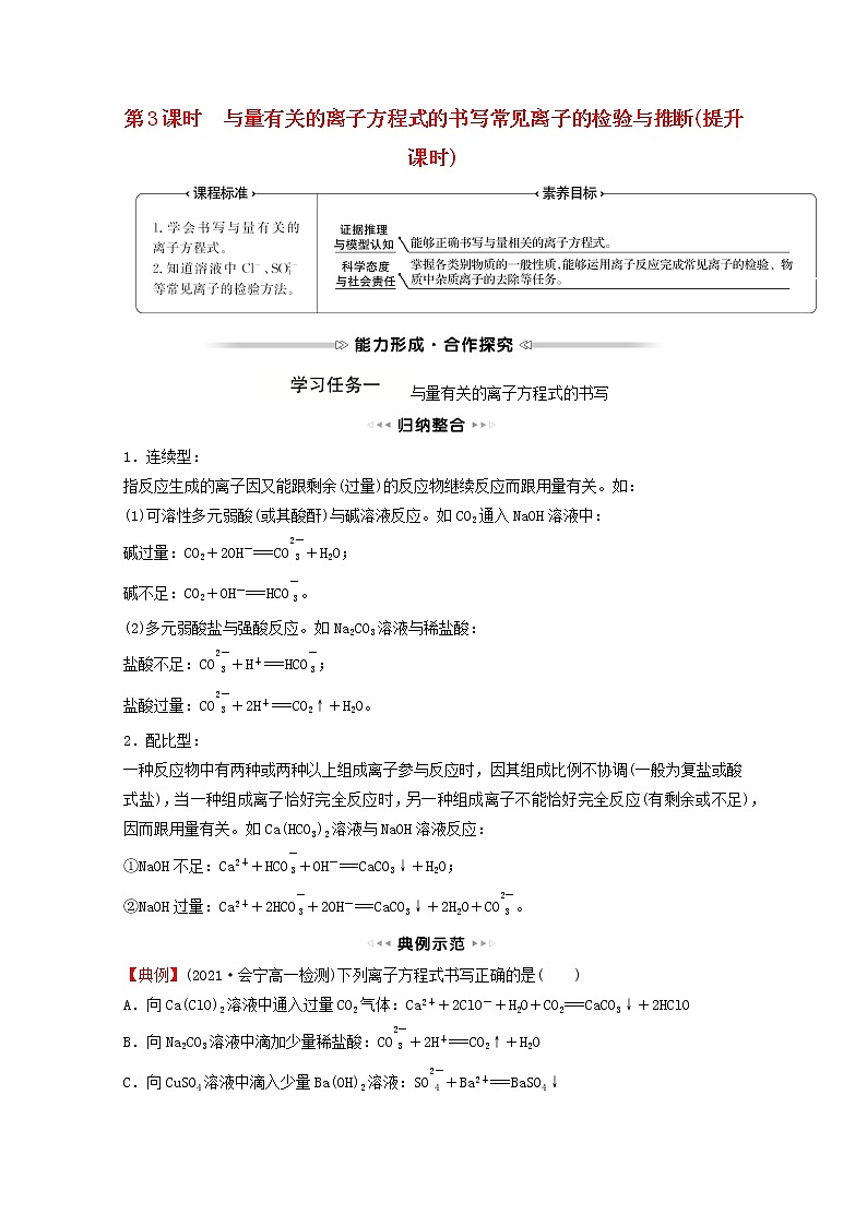 福建专用高中化学第2章元素与物质世界第2节第3课时与量有关的离子方程式的书写常见离子的检验与推断提升课时学案鲁科版必修101