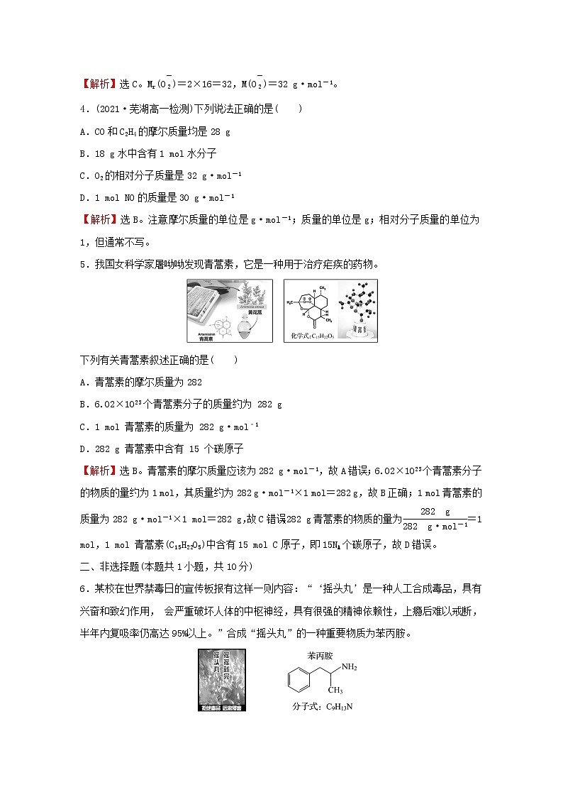 福建专用2021_2022学年新教材高中化学课时练4物质的量及其单位__摩尔摩尔质量含解析鲁科版必修1第2页