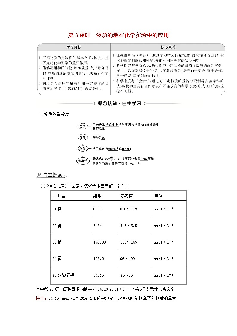 2021_2022学年高中化学第一章从实验学化学第二节第3课时物质的量在化学实验中的应用学案新人教版必修101