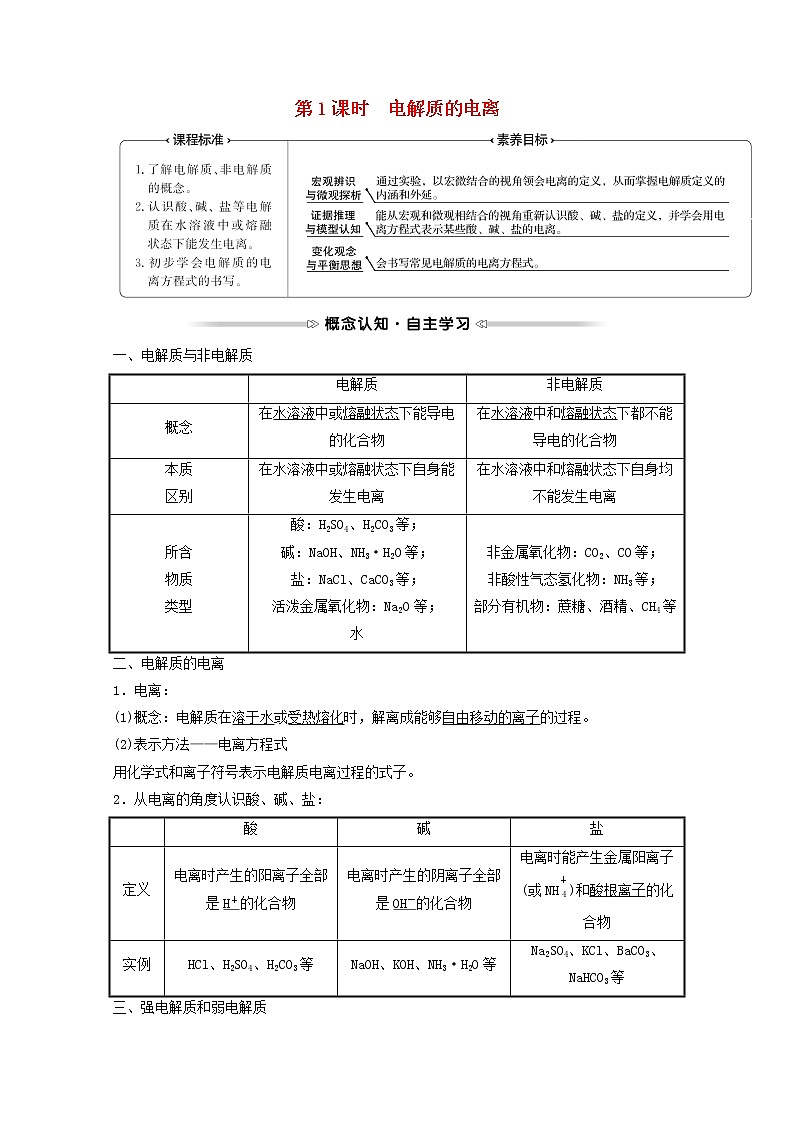 福建专用2021_2022学年新教材高中化学第2章元素与物质世界第2节第1课时电解质的电离学案鲁科版必修101