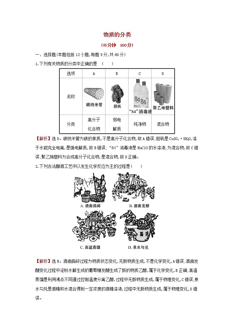 全国通用版2022版高考化学一轮复习第2章化学物质及其变化1物质的分类课时作业含解析第1页