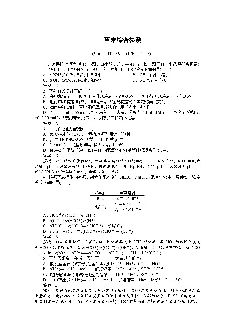 高中化学（人教版，选修4） 第三章水溶液中的离子平衡  章末综合检测第1页